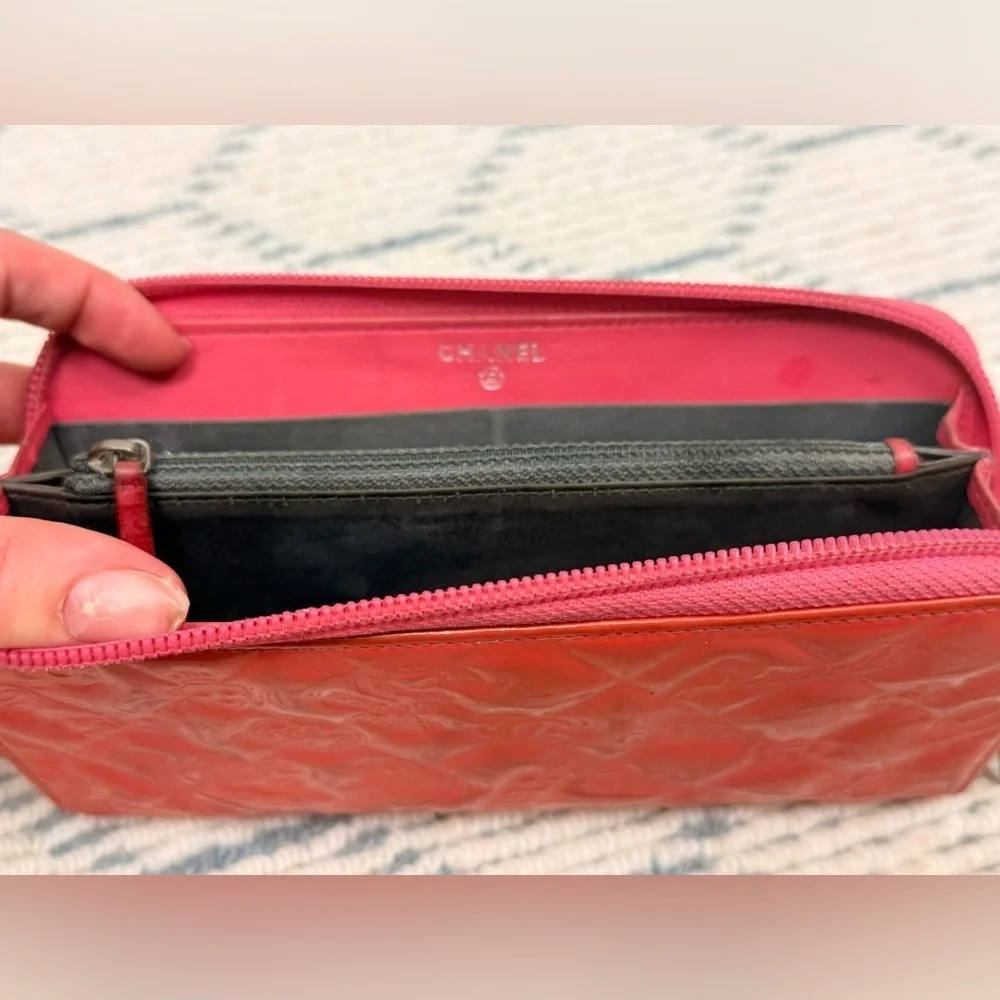 CHANEL Pink Barbie Y2K Vintage Lucky Charm Patent Leather Long Zip Wallet/Clutch